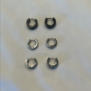 Set of 3 Pairs of Hoop Earrings - Black, Silver, Silver/Jewel